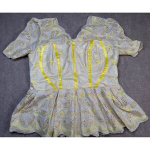 VTG Women's Yellow Handmade Eyelet Fitted Bodice Peplum Zip Back Puff Sleeve Top